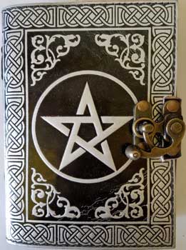 black/ silver Pentagram leather blank book w/ latch - Click Image to Close