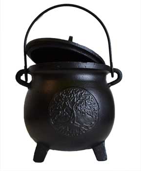 8" Tree of Life cast iron cauldron w/ lid - Click Image to Close