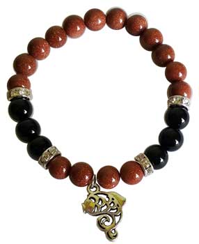 8mm Gold Sandstone (synthetic)/ Black Onyx with Fish bracelet - Click Image to Close