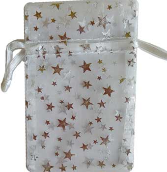 2 3/4" x 3" White organza pouch with Silver Stars - Click Image to Close