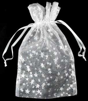 4" x 5" White organza pouch w/ Silver Stars - Click Image to Close
